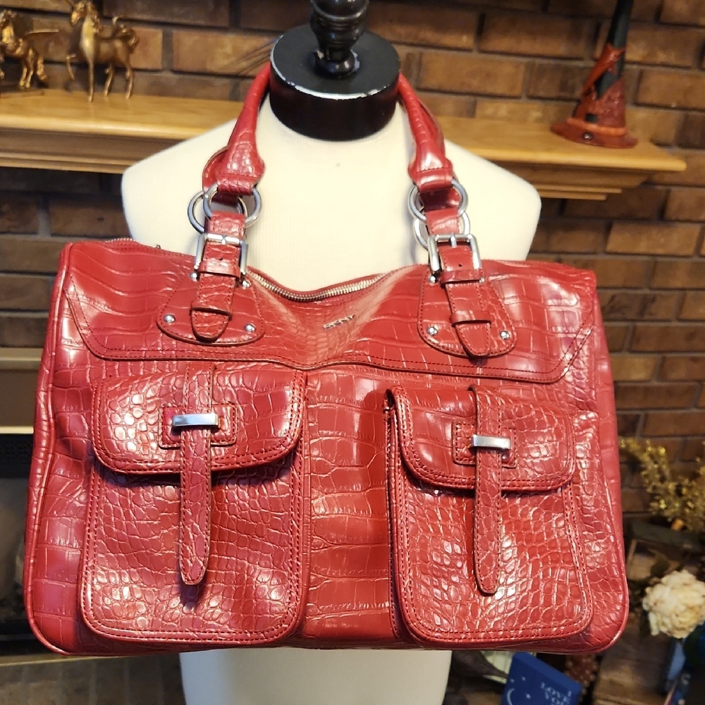 DKNY Red Crocodile-Embossed Women's Handbag Large Carry On Bag
